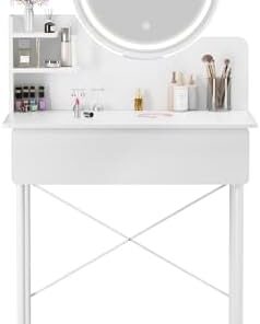 Mesa de tocador LED con espejo, escritorio de maquillaje compacto con 2 cajones, 3 estantes y 3 modos de luz, ideal para espacios pequeños, diseño elegante para los amantes de la belleza