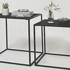 Set 2 Mesas Nido Auxiliares de Metal y Madera Negro Mate - Mesa Centro Salón y Mesa Lateral Sofá Apilables 37x37x40 / 33x33x35 cm - Estilo Industrial Nórdico Minimalista para Hogar Dormitorio Oficina