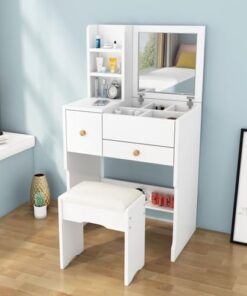 Genérico Tocador con Espejo abatible y Taburete con Ruedas, Luces LED integradas para Maquillaje, 3 en 1, Blanco, con Espejo abatible, tocador de Maquillaje con cajones y Taburete Oculto