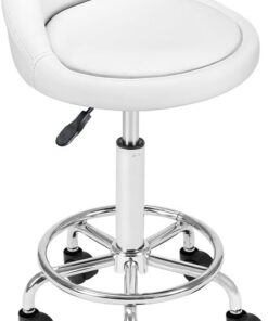 BAKAJI Taburete con Ruedas, Asiento Acolchado y Respaldo bajo de Piel sintética, Base con reposapiés de Acero Giratorio 360°, Altura Ajustable, Ideal para Esteticista, Cocina, restaurantes, (Blanco)