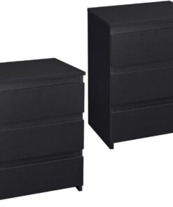 Yaheetech 2X Mesitas de Noche Negras con 3 Cajones Mesas Auxiliares | de Madera Estilo Moderno para Sala de Estar 45 x 35 x 60,5 cm Dormitorio Salón