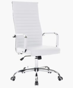 BAKAJI Silla de Oficina de Piel ergonómica con Respaldo Alto y Soporte Lumbar, sillón de Escritorio Giratorio con Altura Ajustable a Gas y Ruedas giratorias a 360°, Base de 64,5 cm cromada (Blanco)