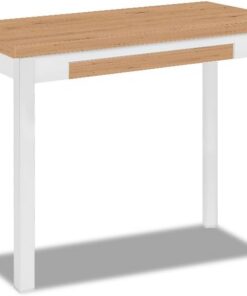 Astimesa - Mesa de Cocina Tipo Libro con Cajón - Mesa con Tapa de Madera Laminada en Color Amazona - Estructura Madera Laminada Blanca - Mesa Extensible de 80 x 40 cm a 80 x 80 cm