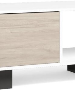 Skraut Home | Mesa de centro con puertas | salón comedor | Modelo WIND | color estructura Blanco | color puertas Roble | medidas 92x50x45cm de altura.