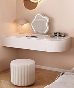 Juego de tocador flotante – Mesa de maquillaje montada en la pared con cajones y espejo iluminado, diseño compacto para dormitorio pequeño