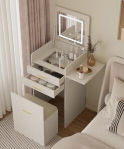 Genérico Tocador con Espejo abatible y Taburete con Ruedas, Luces LED, tocador de Maquillaje Integrado con luz LED, Espejo abatible y Banco de Almacenamiento - Juego de tocador Compacto Ideal para