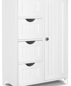 VOUNOT® Mueble Baño Armario de Suelo Auxiliar, Cajonera con 4 Cajones Armario con Puerta y Estante Ajustable, Organizador Estante de Almacenamiento para Cocina Salón, 55x30x82cm Blanco