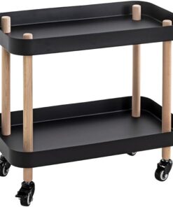 HAKU Mesita Auxiliar con Ruedas, Madera Maciza Natural, Estructura metálica Negra, Mesa de salón, mesita de sofá — Dimensiones: An 50 x Al 47 x Pr 30 cm Estilo: Moderno