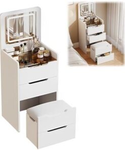Genérico Tocador con Espejo abatible y Taburete con Ruedas, Luces LED integradas, tocador con Espejo abatible, Mesa de Maquillaje Plegable con 3 cajones y estantes de Almacenamiento compactos