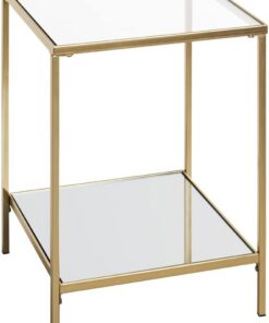 HAKU Mesa Auxiliar Dorada de Metal, Mesa de Centro con Cristal de Seguridad de 5 mm y Espejo de 5 mm - Dimensiones: An 39 x Al 55 x Pr 39 cm Estilo: Art Déco