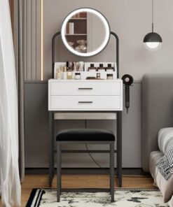 Genérico Tocador con Espejo abatible y Taburete con Ruedas, Luces LED integradas, tocador Compacto Blanco con Espejo Iluminado, tocador Moderno con cajones Acolchados.