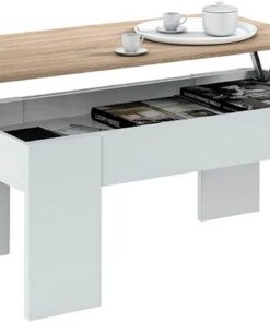 Habitdesign - Mesa de Centro Elevable Kendra (Modelo LC), Mesita Auxiliar de Salón o Comedor con Almacenaje Interior, Blanco Artik y Roble Canadian, Medidas: 100x50x45-56 cm