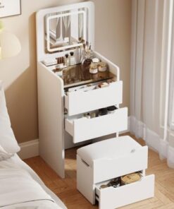 Genérico Tocador con Espejo abatible y Taburete con Ruedas, Luces LED integradas, tocador Compacto con Espejo abatible, Taburete Oculto, Luces tricolores y cajones - Elegante Mak