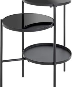 HAKU Mesa Auxiliar de Metal Negro, Mesa de Centro con Cristal de Seguridad de 5 mm - Dimensiones: An 56 x Al 71 x Pr 39 cm Estilo: Moderno