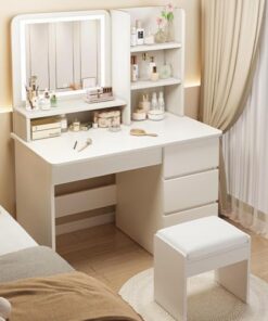 Genérico Tocador con Espejo abatible y Taburete con Ruedas, Luces LED integradas, tocador Moderno Blanco con Espejo y Taburete, Brillo Ajustable, 3 cajones y 4 Compartimentos.