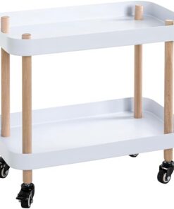 HAKU Mesa Auxiliar con Ruedas, Madera Maciza Natural, Estructura metálica Blanca, Mesa de Centro con Ruedas, Mesa de sofá - Dimensiones: An 50 x Al 47 x Pr 30 cm Estilo: Moderno