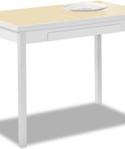 ASTIMESA - Mesa de Cocina Extensible con Alas - Estructura de Aluminio con Tapa Cristal Beig y alas texturado en Color Aluminio - Mesa Cerrada: 90 x 50 cm. Mesa extendida: 140 x 50 cm.