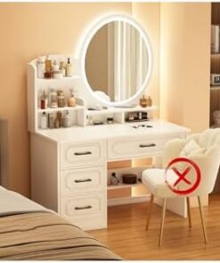 Genérico Tocador con Espejo abatible y Taburete con Ruedas, Luces LED integradas, tocador Moderno con Espejo Rectangular Grande, cajones y estantes Abiertos - Elegante Blanco