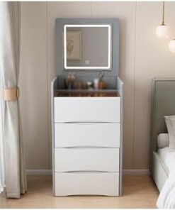 Genérico Tocador con Espejo abatible y Taburete con Ruedas, Luces LED integradas, tocador Gris con Espejo LED, Escritorio de Maquillaje con Taburete, tocador de Madera, tocador Moderno para maquilla