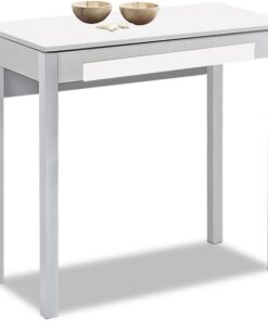 Astimesa - Mesa de Cocina Extensible - Minimalista - Estructura metálica - Superficie en Cristal Color: Blanco. Medidas: 80 cm x 40 cm. Medida Extensible: 80 cm x 60 cm