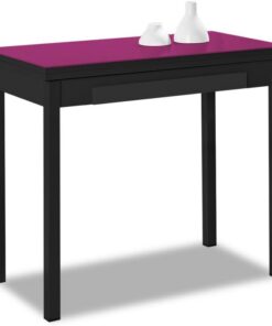ASTIMESA - Mesa de Cocina Tipo Libro con Cajón - Mesa con Tapa de Cristal en Color Berenjena - Minimalista - Estructura Madera Laminada Negra - Mesa Extensible de 80 x 40 cm a 80 x 80 cm