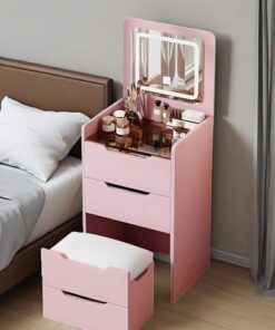 Genérico Tocador con Espejo abatible y Taburete con Ruedas, Luces LED integradas, tocador Rosa con Espejo y Luces, Escritorio Compacto para Maquillaje con Tablero de Vidrio, Taburete Acolchado y 3 ca