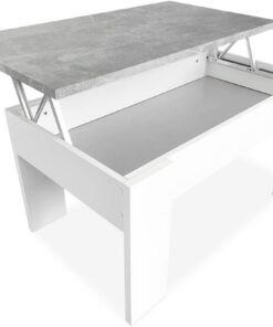 Duérmete Online, Mesa de Centro Elevable, Mesita de Salón o Comedor, Acabado en Color Blanco con Tapa Gris, Medidas, 90 cm (Ancho) x 50 cm (Fondo) x 46, 57 cm (Alto), Madera, 90 x 50 x 46, 57 cm