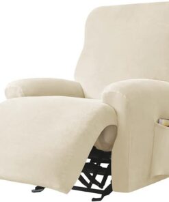 Highdi Funda de Sillón Relax Elástica para Sillón Reclinable, Funda Reclinable Terciopelo 4 Piezas con Bolsillos Laterales, Antideslizante Extraíbles y Lavables Fundas Protector (Beige)