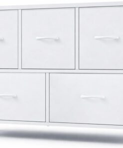 DUMOS Cómoda con cajones, cómoda y aparador para Dormitorio, Armario con 5 cajones, cómoda de Tela con Marco de Acero Estable, Ideal para Dormitorio, salón (Blanco)