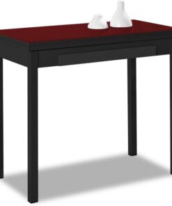 ASTIMESA - Mesa de Cocina Tipo Libro con Cajón - Mesa con Tapa de Cristal en Color Burdeos - Minimalista - Estructura Madera Laminada Negra - Mesa Extensible de 80 x 40 cm a 80 x 80 cm
