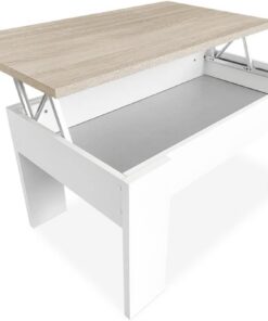 Duérmete Online, Mesa de Centro Elevable, Mesita de Salón o Comedor, Acabado en Color Blanco con Tapa Cambria, Medidas, 90 cm (Ancho) x 50 cm (Fondo) x 46, 57 cm (Alto), Madera, 90 x 50 x 46, 57 cm