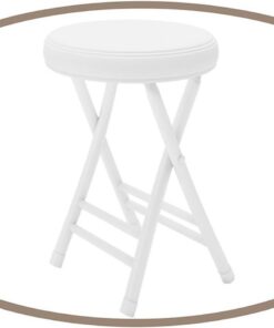 Taburete plegable redondo acolchado, taburete de cocina de 45 cm, taburete de bar acolchado plegable, ligero y portátil, para comedor, dormitorio, baño (blanco)
