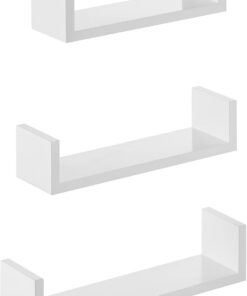 SONGMICS LWS40WT - Juego de 3 estantes de pared modernos, estantes flotantes de tablero DM con acabado de alto brillo y montaje invisible, color blanco