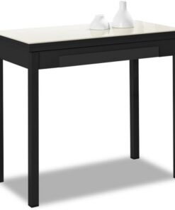 ASTIMESA - Mesa de Cocina Tipo Libro con Cajón - Mesa con Tapa de Cristal en Color Beige - Minimalista - Estructura Madera Laminada Negra - Mesa Extensible de 80 x 40 cm a 80 x 80 cm