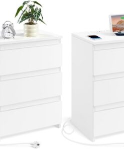 Yaheetech 2pcs Mesitas de Noche con Estación de Carga y 3 Cajones 45,5x35,5x60,5 cm Mesillas de Noche Vintage Cable 2M Blanco para Dormitorio Mesita de Madera MDF Blanco