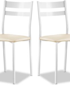 Astimesa - Silla de Comedor o Cocina de Metal Blanca - Asiento Polipiel en Color Beig - 2 Unidades - 38 cm (Ancho) x 45 cm (Alto Asiento) x 85 cm (Alto Total) x 40 cm (Fondo)