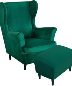Highdi Terciopelo Funda de Sillón de Orejas Elástica con Funda Otomana, Funda de Sofá Relax 2 Piezas con Funda de Cojín, Fundas Protector de Butaca para Dormitorio, Recepción, Club (Verde Oscuro) | Extensible, cubierta de sillón con funda de cojín en T, funda de sillón antideslizante (verde oscuro)