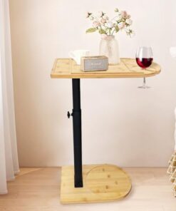 Mesa Auxiliar Forma C Bambú Metal Moderna Altura Ajustable, Side Table, Mesa Auxiliar de Cama, Mesa de Sofá, Mesilla de Noche, Mesa de Cuidado, para Salón Dormitorio Baño, Estilo C