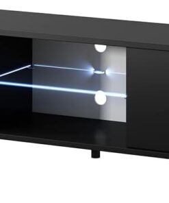 Selsey Lefyr - Mueble TV - Negro Mate/Negro Brillante - 140 cm - iluminación LED a Pilas – Moderno