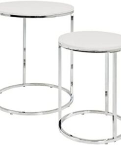 HAKU Juego de 2 mesas auxiliares Cromo, Blanco, MDF, Metal - Dim.: AL 40/50 cm x diámetro 30/40 cm, Estilo: Moderno