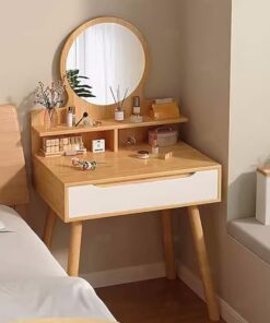 Genérico Tocador con Espejo abatible y Taburete con Ruedas, Luces LED integradas, tocador Vintage Moderno con 2 Espejos para Dormitorio, Color Beige, 1 cajón, Elegante.
