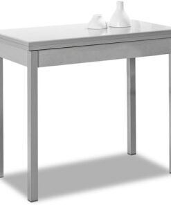 Mesa de Cocina Extensible de Libro sin cajón - 80x40 cm (80x80 cm) - Estructura y Tapa Interior Color Aluminio - Tapa Superior Cristal Color Blanca