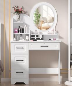Genérico Tocador con Espejo abatible y Taburete con Ruedas, Luces LED integradas, Escritorio de Maquillaje Grande con Espejo y Luces, tocador con iluminación LED y 3 Modos de iluminación, 4 cajones