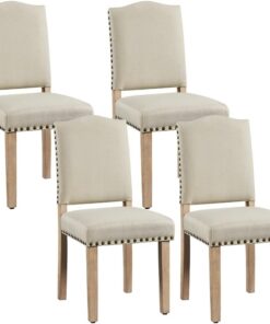 Yaheetech Juego de 4 Sillas de Cocina Tapizada de Tela Pata Madera Beige | Silla de Comedor Respaldo Alto, Silla de Cocina Tapizada de Tela, Diseño Clásico, Asiento Acolchado, para Salón y Cocina