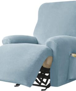 Highdi Funda de Sillón Relax Elástica para Sillón Reclinable, Funda Reclinable Terciopelo 4 Piezas con Bolsillos Laterales, Antideslizante Extraíbles y Lavables Fundas Protector (Azul Claro) | Funda de sofá antideslizante con bolsillo lateral, 4 unidades para muebles lavable para 1 plazas, sillón reclinable