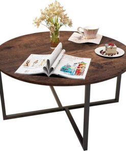 HOJINLINERO Mesa de centro redonda industrial, mesa de té y café, mesa auxiliar de madera con patas de metal