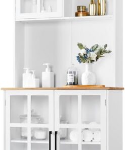 Yaheetech Alacena de Cocina Armarios Altos de Cocina 80x37x183cm Blanco | Armarios de Almacenaje con Puertas de Vidrio Encimera 2 Estantes Abiertos y Estantes Regulables para Comedor Sala de Estar