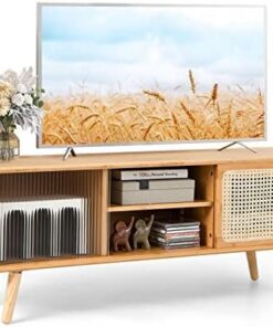 COSTWAY Mueble de TV con 2 Puertas correderas, Mueble bajo para TV de hasta 55 Pulgadas, Mueble de televisión, Consola Multimedia para Dormitorio, salón, Color Natural