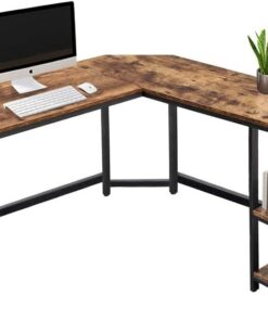BAKAJI Escritorio esquinero con estantería de 2 estantes, mesa de trabajo para ordenador, estructura metal negro y tablero de madera MDF con efecto antiguo, decoración diseño moderno industrial