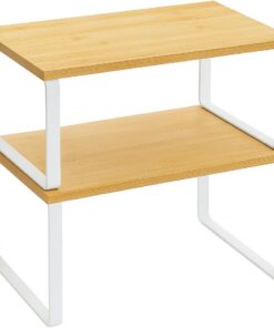 Estante De Cocina Organizador, Juego De 2, Soporte Apilable De Armario Y Encimera, Estantería De Almacenamiento De Metal Y Madera Técnica, Blanco, Diseño Moderno, Ahorra Espacio Y Ordena Con Estilo